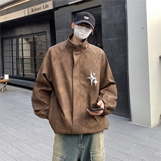 2025港风PU皮复古做旧可拆卸四芒星胸针设计夹克JK77757P90控128，男装夹克，星座227-7