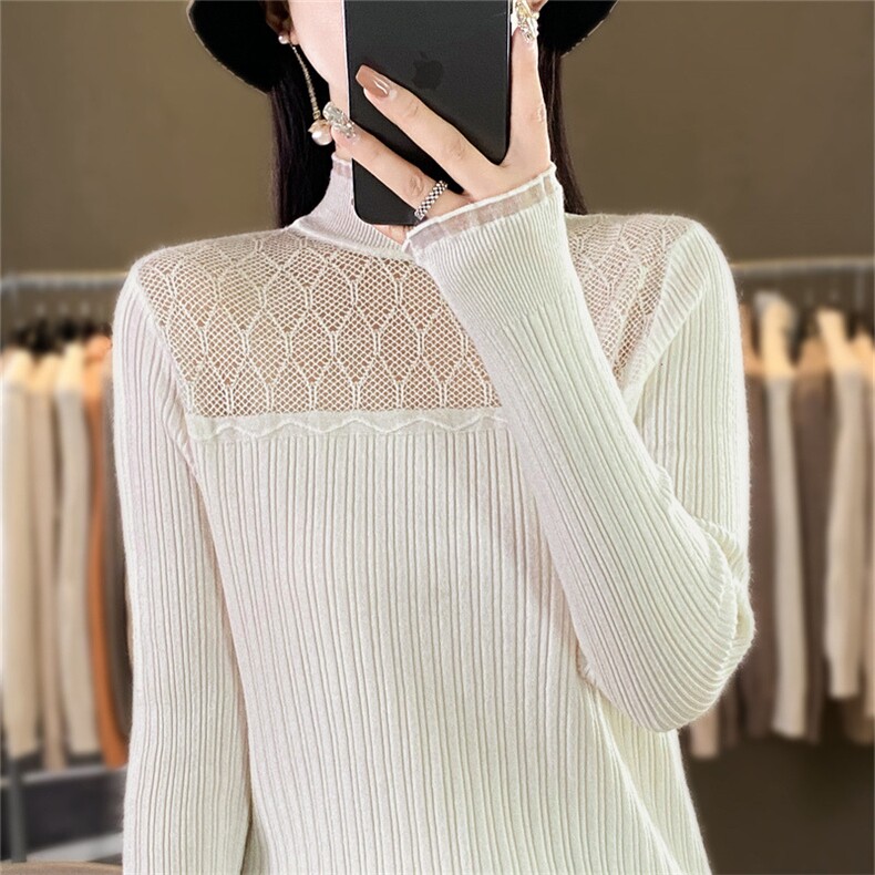 时尚半高领欧根纱拼接针织衫显瘦修身长袖毛衣女款,针织衫/毛衣,暖姿羊绒