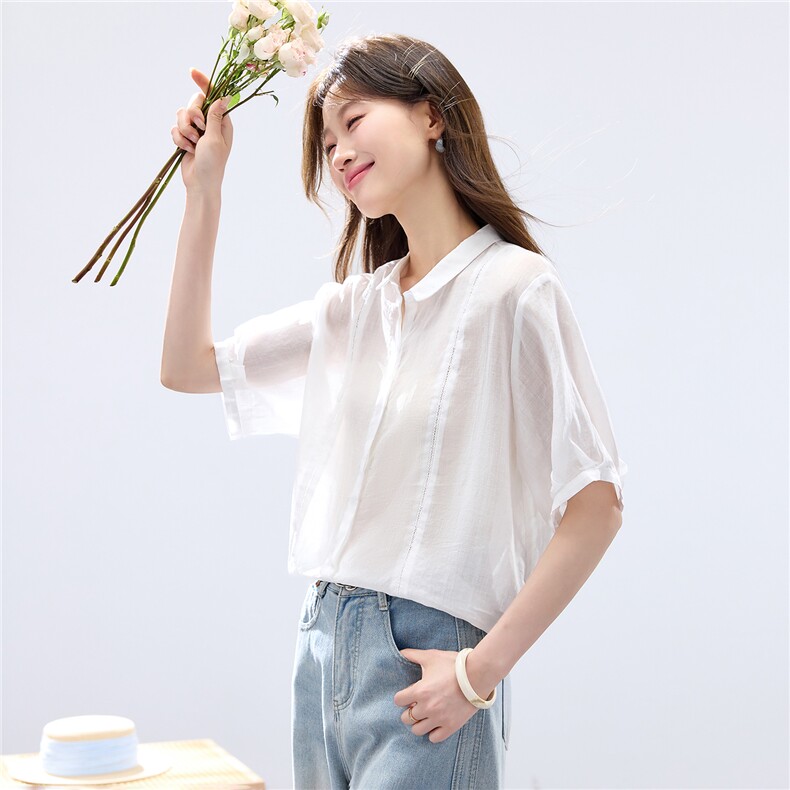 2026年夏季衬衫领休闲短袖纯色苎麻棉拼接衬衫小衫,女装衬衫,简韵佳