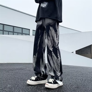 黑色扎染牛仔裤男欧美高街vibe裤子宽松直筒工装长裤 K5911-P42图片
