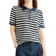 纯棉短袖翻领t恤女夏季新款高端polo衫条纹针织打底衫洋气上衣ins，女装针织衫/毛衣，玛莎羊绒