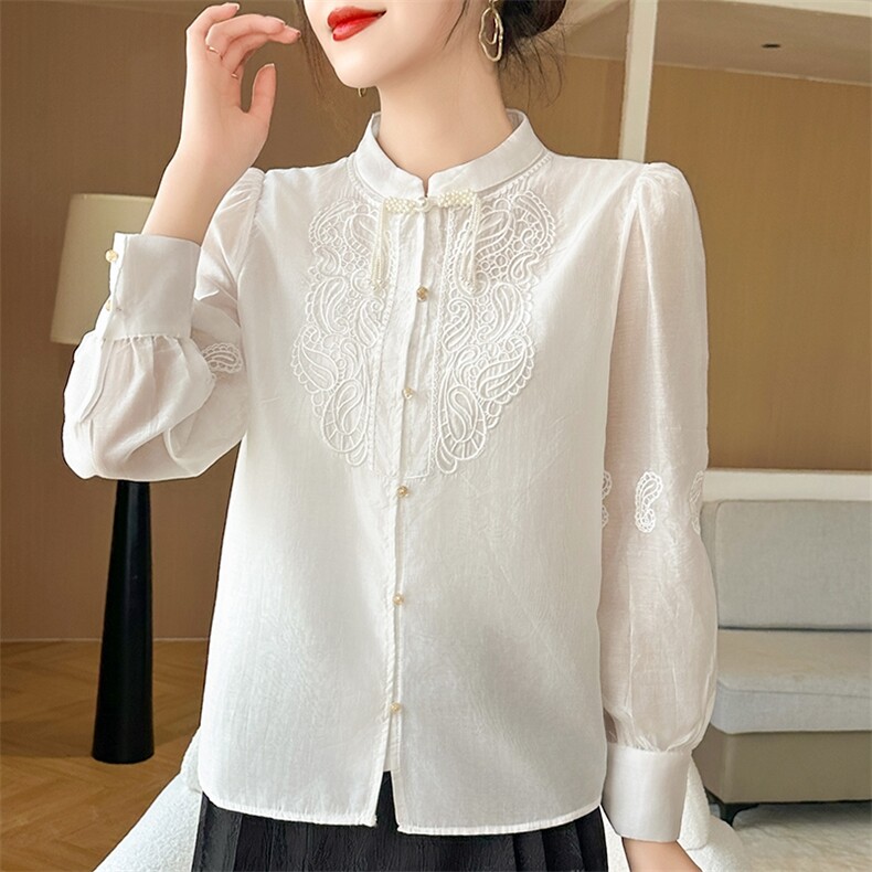 中国风立领打底衫女蕾丝拼接盘扣宽松长袖外穿气质百搭针织衫内搭，女装衬衫，澳冬特羊绒