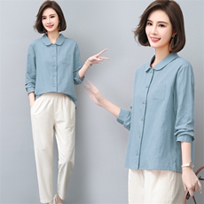 三年不下架衬衫女2024春秋新款中老年薄款宽松长袖棉麻衬衣双排扣，女装衬衫，璐依舞