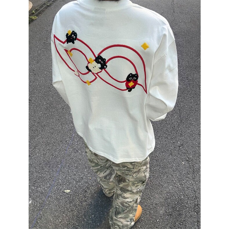 网图有货苹果猫刺绣长袖T恤男女宽松纯棉圆领情侣上衣A942-P40,男装T恤,星座1505