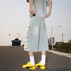 美式夏季做旧水洗牛仔短酷男痞帅宽松多口袋五分裤潮DK01142-P50，男装牛仔裤，星座308B-1