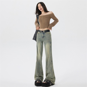 春夏韩版拼接微喇牛仔裤美式复古高腰拼接拖地牛仔裤女YD2121-P65图片