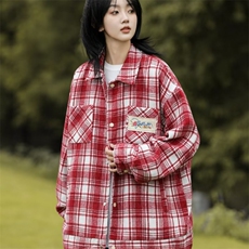 春秋高级感小众夹克宽松小个子复古重磅刺绣格子外套男女-S646，男装衬衫，星座601-2