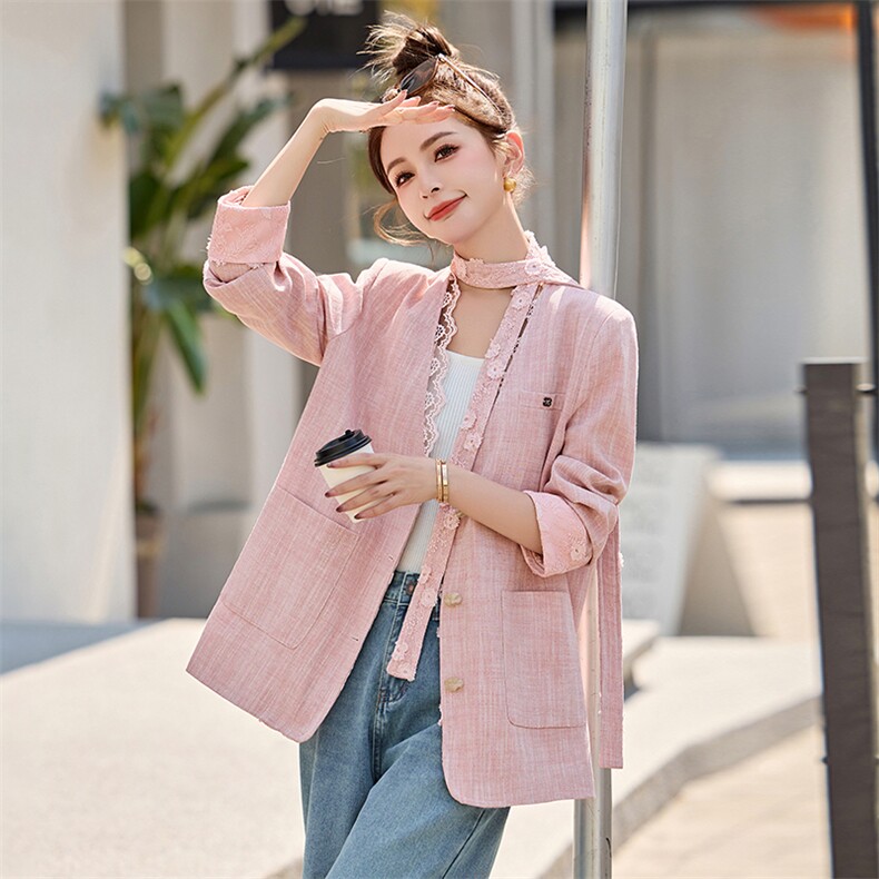 蕾丝花边粉色西装外套女2025春季新款高级感洋气百搭休闲宽松上衣,女装短外套,依如秀(原杭风阁)