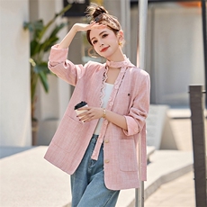 蕾丝花边粉色西装外套女2025春季新款高级感洋气百搭休闲宽松上衣，女装短外套，依如秀(原杭风阁)