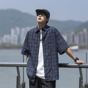 F306-P38 日系复古格子短袖衬衫2024夏季高级感休闲衬衣男 现货图片