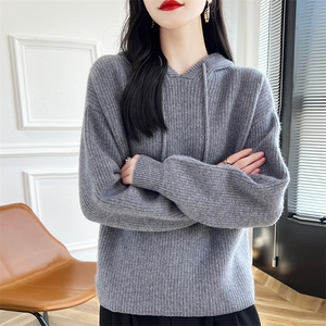 帽檐纯色简约基础款宽松慵懒风羊毛衫女秋冬内搭长袖堆堆领打底图片