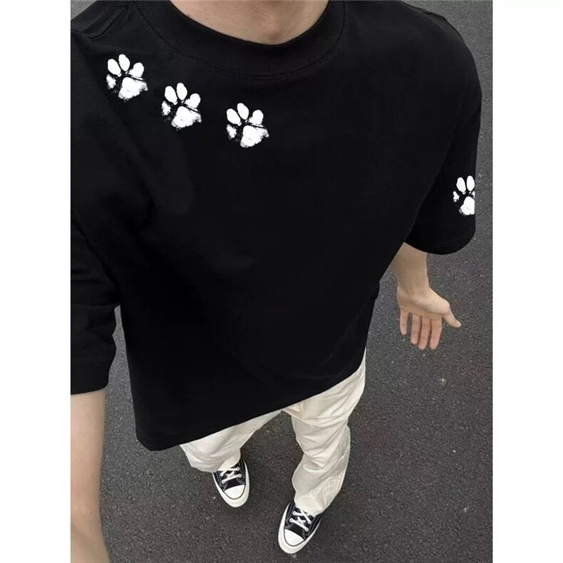 网图-三本针高品质猫爪设计小众印花圆领短袖T恤宽松男女2744-,男装T恤,电商C310-1