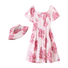 法式泡泡袖印花连衣裙女2025夏季新款气质方领收腰小个子减龄裙子，女装连衣裙，贵人树