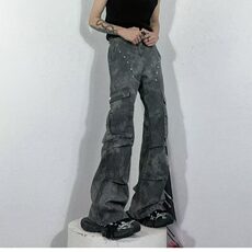 网图现货高街设计感宽松阔腿牛仔裤男宽松工装长裤子RKU76-P65，男装牛仔裤，星座1005-4