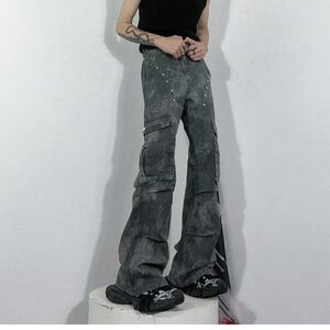 网图现货高街设计感宽松阔腿牛仔裤男宽松工装长裤子RKU76-P65图片