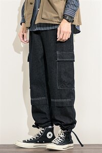 2021秋季新日系白墙大码男拼接工装大裤脚阔腿裤牛仔裤N8025-P50图片