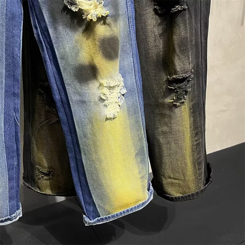美式风复古阔腿牛仔裤男高街彩喷破洞个性长裤N3998P55,男装牛仔裤,星座1116-2