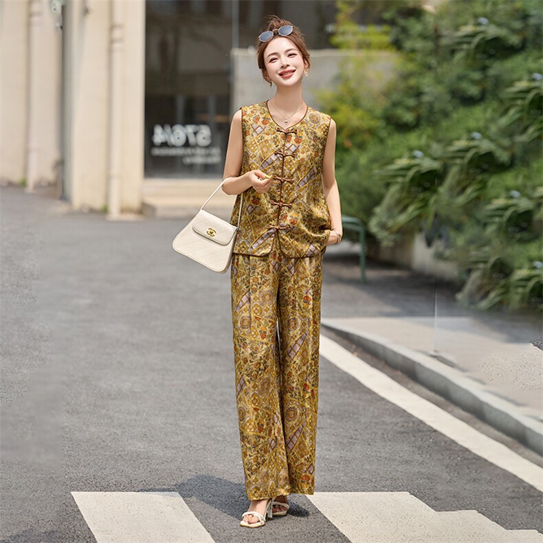 新中式国风洋气套装女2025夏季复古气质盘扣马甲T恤阔腿裤三件套,女装套装/套裙,布芭啦