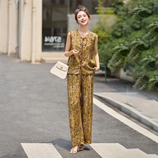 新中式国风洋气套装女2025夏季复古气质盘扣马甲T恤阔腿裤三件套，女装套装/套裙，布芭啦