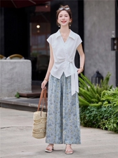 韩系时尚通勤气质套装女2025夏白色绑带收腰衬衫印花阔腿裤两件套，女装套装/套裙，微微衣阁