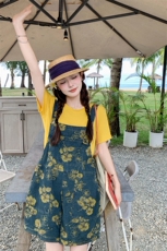 小众设计感复古鬼马少女印花牛仔背带裤纯色T恤遮肉2025夏季套装，女装套装/套裙，2B237