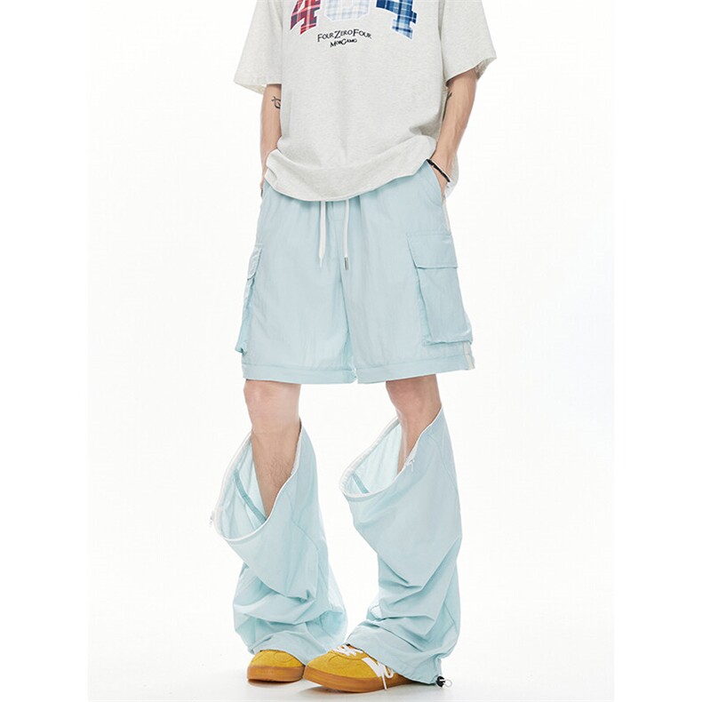 可拆卸工装裤子男款夏季冰丝薄款美式高街宽松短裤阔腿休闲伞兵裤,男装休闲裤,电商A102B