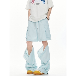 可拆卸工装裤子男款夏季冰丝薄款美式高街宽松短裤阔腿休闲伞兵裤图片