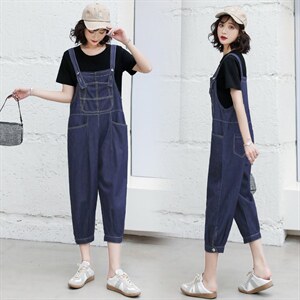 短袖牛仔背带裤套装女2023夏季新款女装韩版时尚休闲两件套套裤潮,女明星参加综艺的穿搭图片