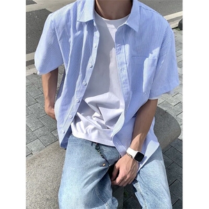 网图现货  美式宽松复古条纹短袖衬衫男C14/特P30图片