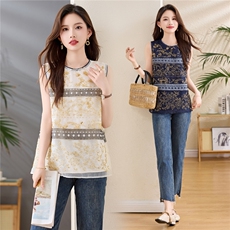 新中式重工串珠刺绣马甲女时髦洋气高级感薄款欧根纱无袖上衣，女装蕾丝衫/雪纺衫，依多米