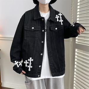 美式十字架牛仔外套男潮牌高街潮流宽松上衣情侣装夹克HH8841 P53图片
