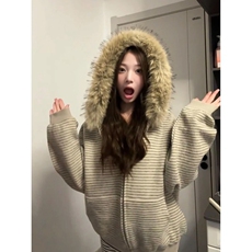 美式复古条纹连帽卫衣外套女秋冬季宽松毛领针织外穿上衣拉链开衫，女装短外套，星座218-8