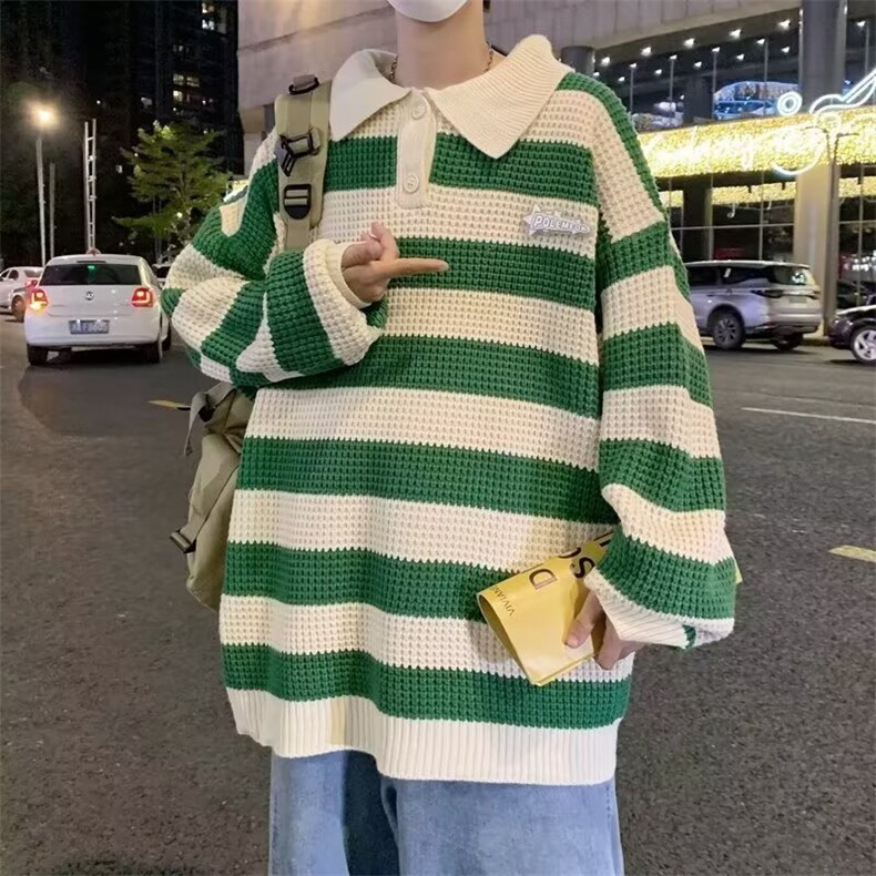 JC0603-p45简约撞色条纹POLO衫翻领春秋款ins潮长袖T恤套头针织衫，男装Polo衫，电商C233
