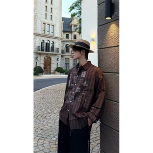 街头氛围感条纹印花长袖衬衫男美式痞帅休闲宽松衬衣 CS170-P40图片