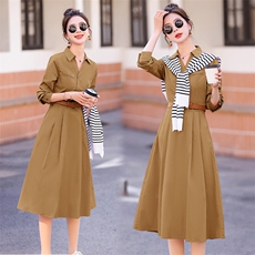 （现货放心推）披肩两件套配腰带显瘦连衣裙翻领有拉链，女装连衣裙，墨羽桐