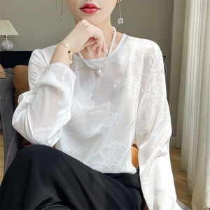 时尚中式缎面小衫防晒衫女长袖提花罩衫薄款上衣空调衫夏季慵懒风图片