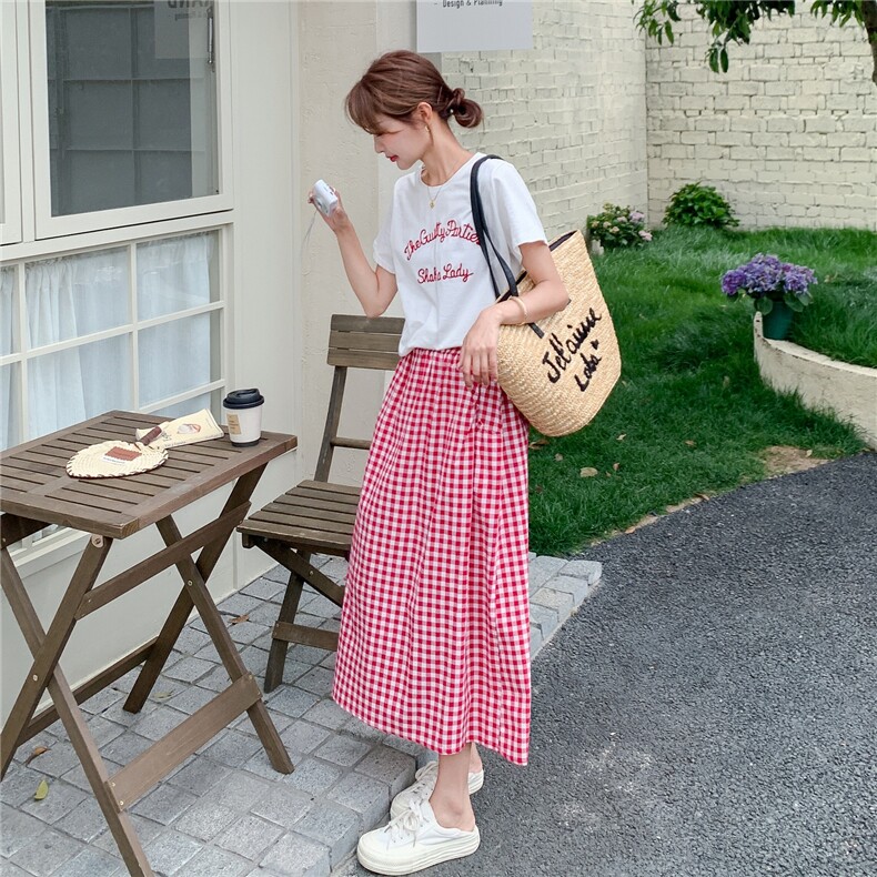 韩系学院风字母刺绣上衣套装女2025夏季新款格纹披肩半身裙两件套,女装套装/套裙,2C233