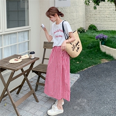 韩系学院风字母刺绣上衣套装女2025夏季新款格纹披肩半身裙两件套，女装套装/套裙，2C233