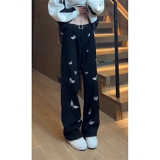 黑色刺绣牛仔裤男夏季薄款小众设计感裤子美式高街潮牌微喇裤，男装牛仔裤，四季星座505