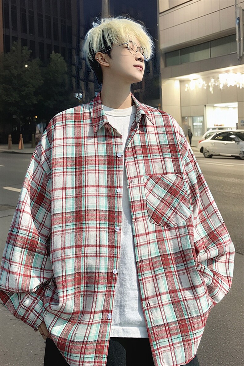 衬衫男春季新款港风宽松磨毛格子长袖衬衣CS602-特P28无差价,男装衬衫,星座214-3
