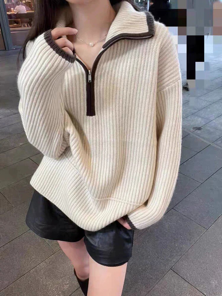 半开拉链100%纯羊毛衫女宽松慵懒拼色加厚提花毛衣保暖针织羊毛衫,针织衫/毛衣,冀清阳荣