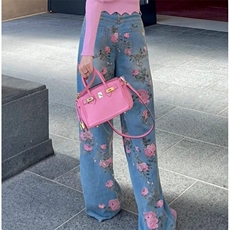 美式复古玫瑰印花弯刀牛仔裤男女款宽松直筒裤P42YW9141，男装牛仔裤，星座1112-1
