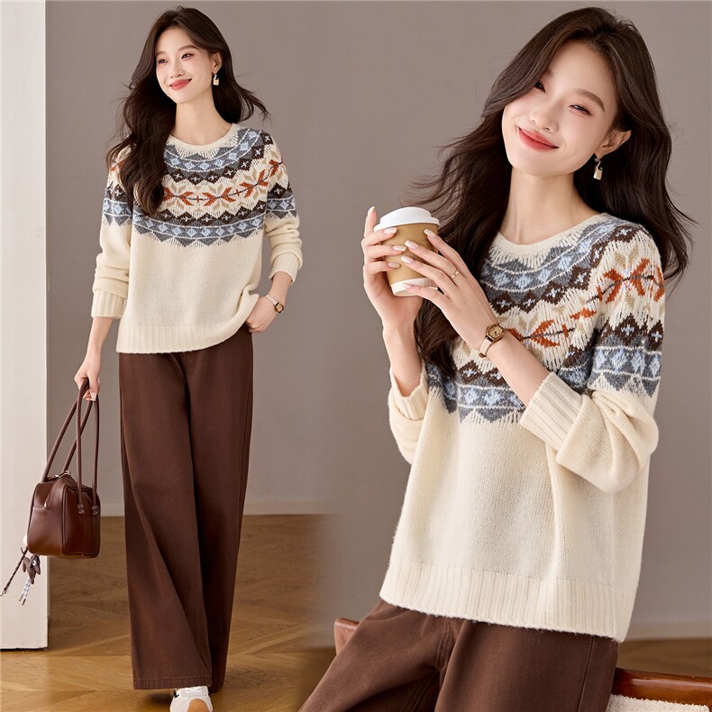 【100%羊毛】费尔岛提花毛衣女秋冬2025新款小个子短款内搭打底衫，女装羊毛衫，艾米