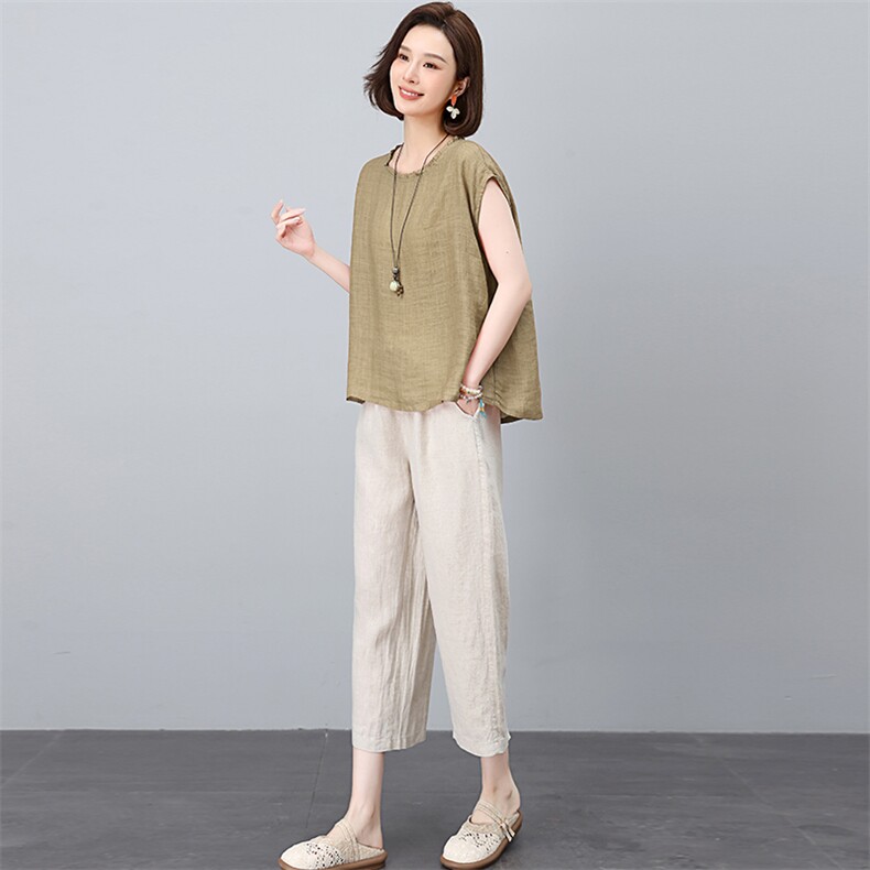 新中式高端苎麻刺绣套装女2025夏新款中年妈妈洋气减龄亚麻两件套,女装套装/套裙,独衣靓