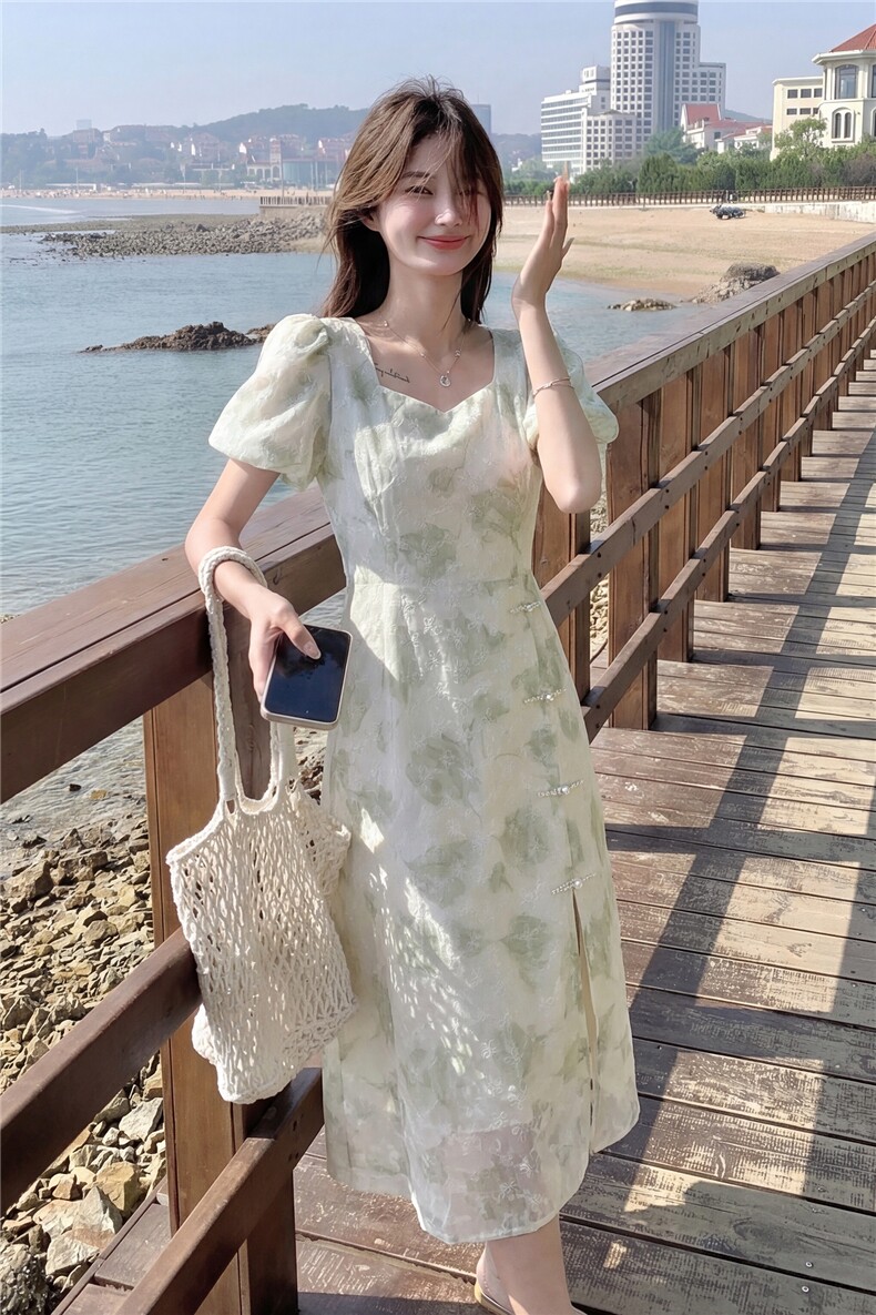 新中式给g风盘扣印花收腰连衣裙,女装连衣裙,采品优优