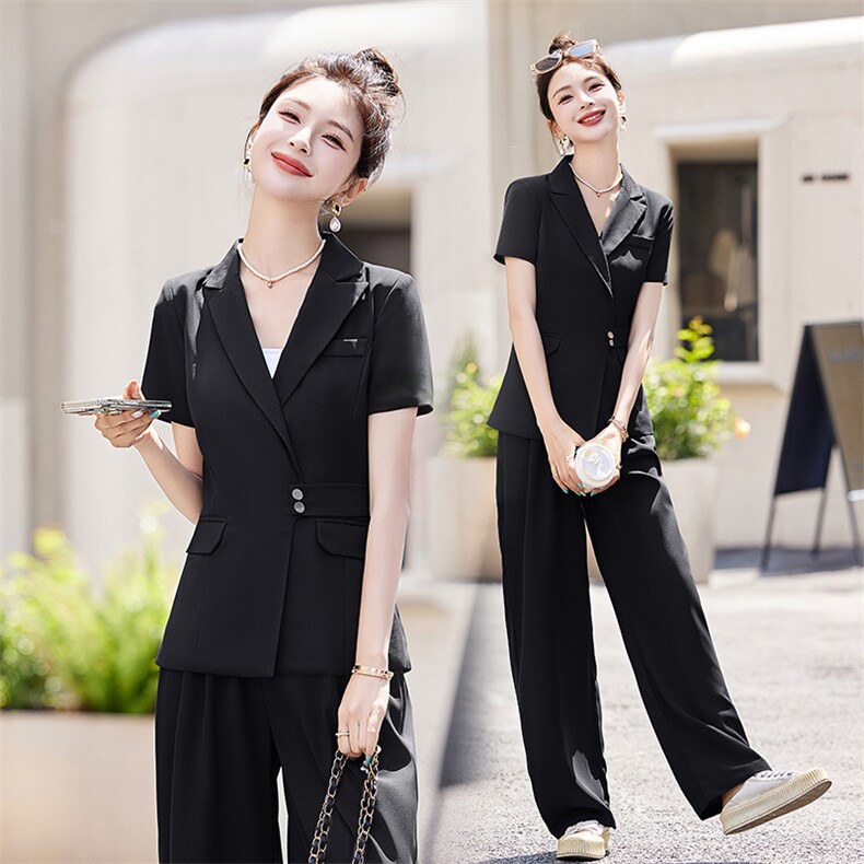职业装短袖西装两件套女2024夏季新款显瘦气质通勤垂感阔腿裤套装,女装套装/套裙,雅佳俏