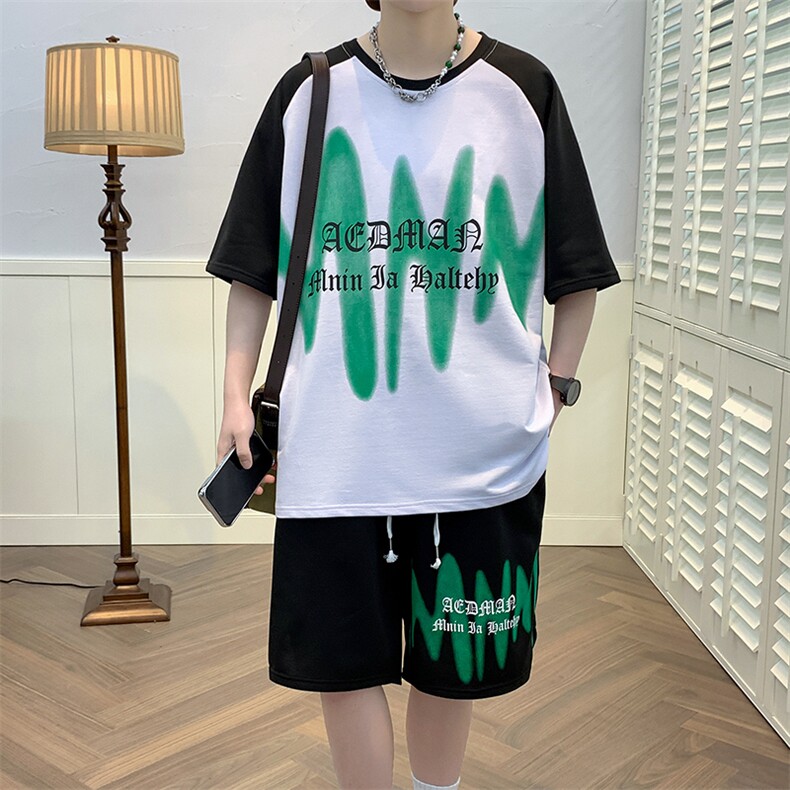 23夏季短袖t恤套装冰丝透气港风宽松运动青少年男装DF323P48,男装休闲套装,电商A086