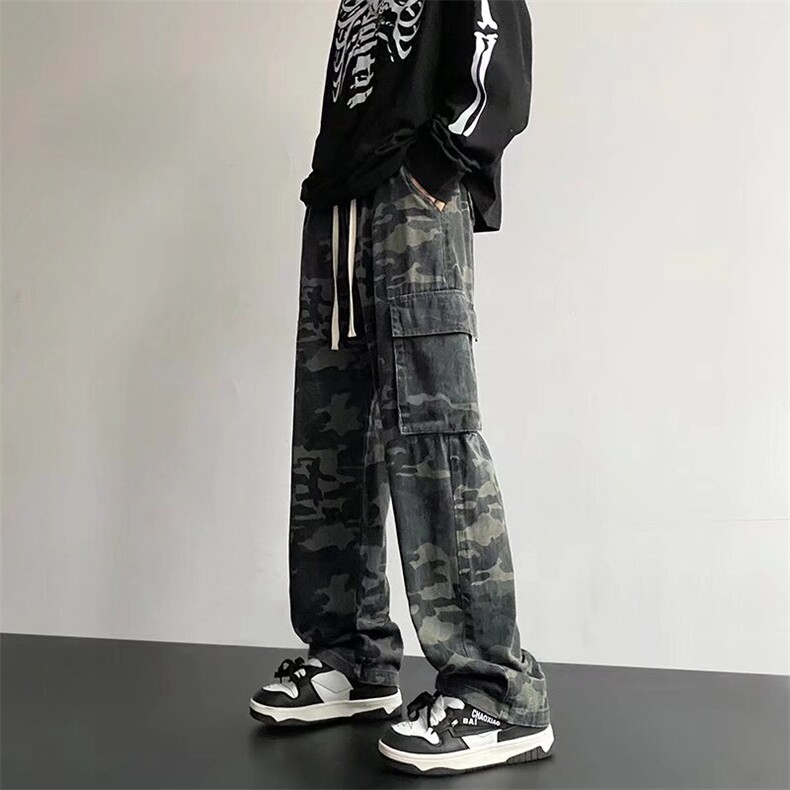 美式潮牌hiphop迷彩工装裤男款高街vibe宽松直筒百搭阔腿休闲裤子图片