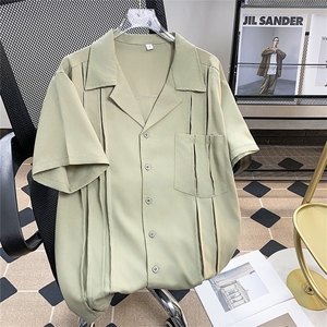 高品质夏款男短袖衬衫冰丝褶皱古巴领宽松五分袖衬衣CS523 P40图片