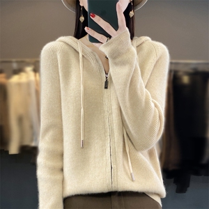 秋冬款樱花粉色100羊毛衫女士拉链连帽开衫外套毛衣羊绒针织衫图片